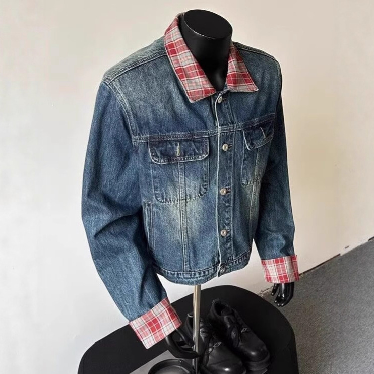 American Style Plaid Color-block Collar Denim Jacket For Men National Trend High Street Design With Shoulder Pads Cool Short Designer Jacket Turndown 