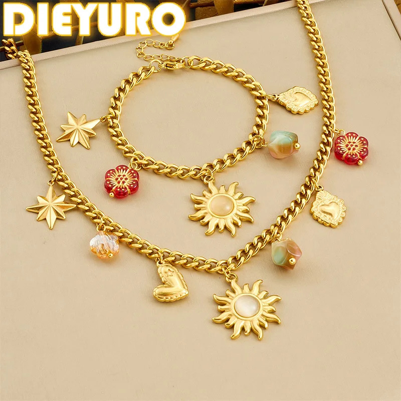 DIEYURO 316L Stainless Steel Sunflower Heart Star Crystal Pendant Necklace Bracelet Set Lady Fashion Jewelry Glamorous 251024