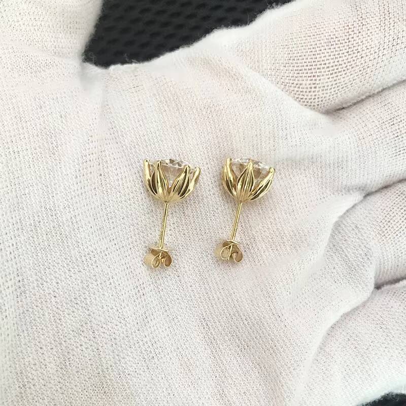 Free Shipping Fine Jewelry Two Carat Round Cut Moissanite Diamond Lotus Shape 14k Solid Yellow Gold Stud Earring