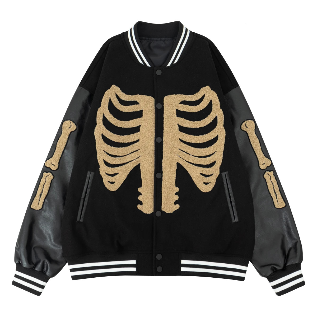 Mens Varsity Jacket Skeleton Graphic Baseball College School FauxWoolLeather Bomber Halloween costumes Outerwear Coats 251028