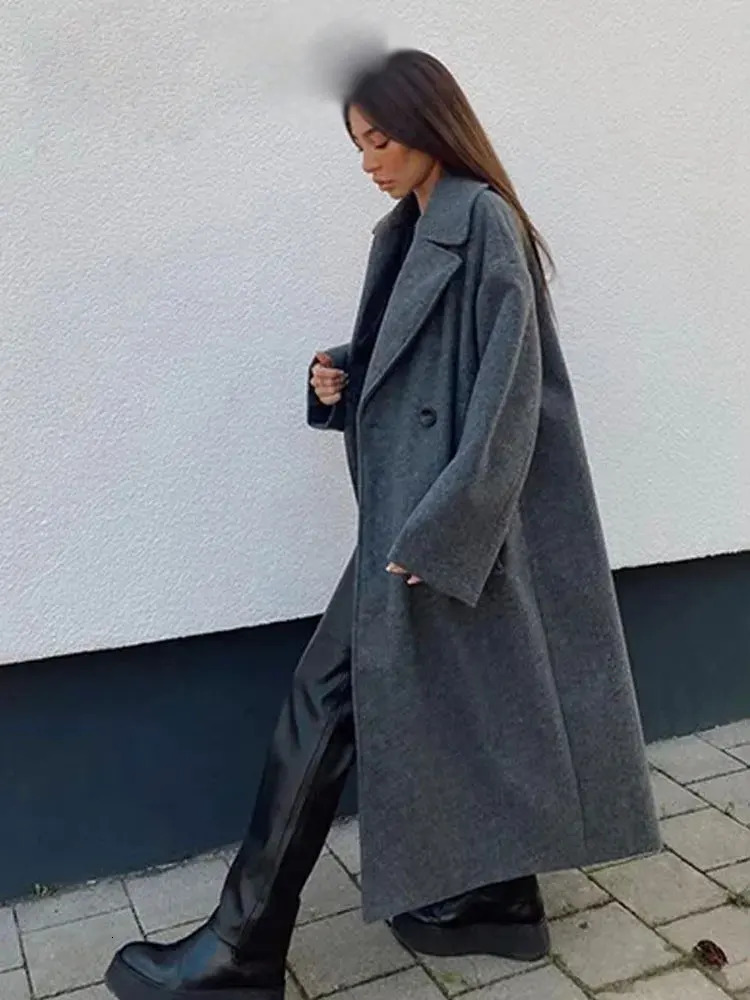 Winter Coat For Women Solid Lapel Double Breasted Long Cardigan Top Female Pokcet Streetwear Woman In OuterCoat 251028