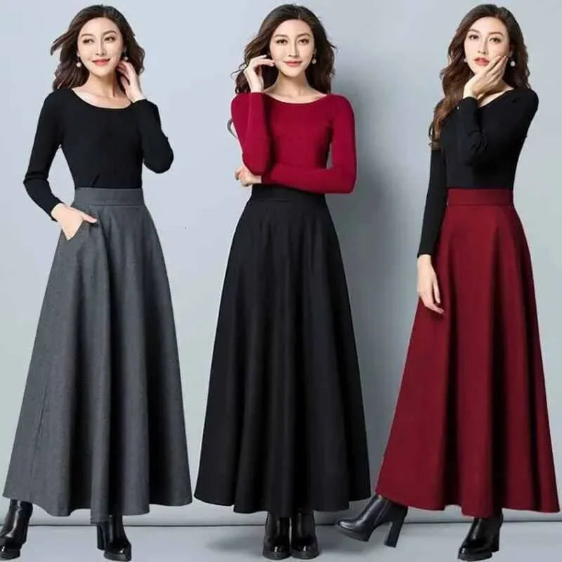 SMVP Winter Womens Long Woolen Skirt Elegant High Waist Wool A Line Skirts Female Casual Thick Warm Pocket Maxi Skirts Lady 251028