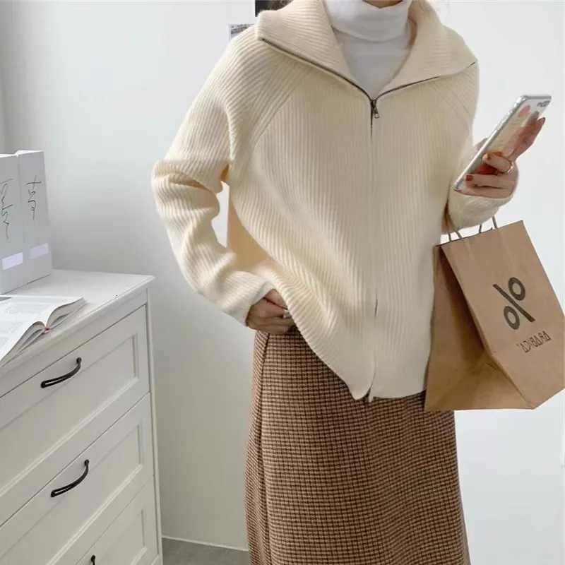 Womens Chic Open Cardigan Single Zipper Loose Knitted for Autumn Winter Korean Style Hot Sale Turndown Collar Simple SolidT251028