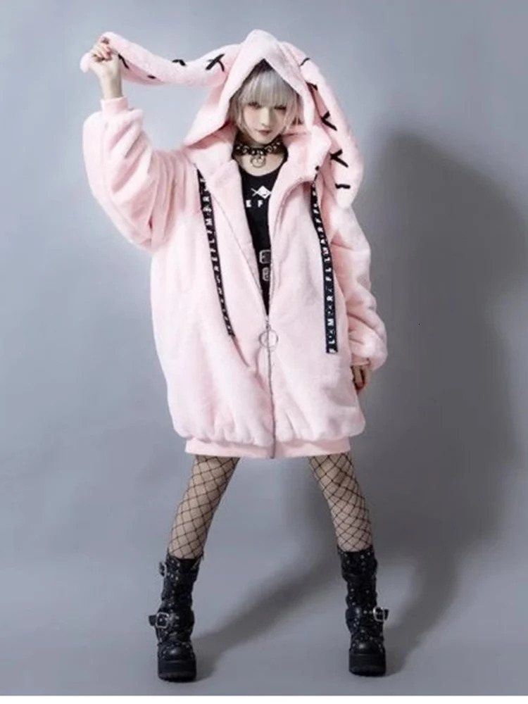 Lautaro Autumn Oversized Sweet Cute Soft Purple Black Faux Fur Coat Women with Bunny Ears Kawaii Loose Fluffy Jacket Hoodie 251029