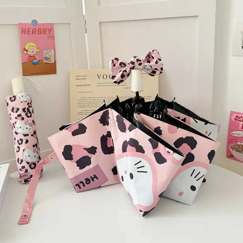 Sanrio Cartoon Sanrio Hello Kitty Umbrella Kawaii Automatic Uv Protection Sun Protection Cute Pink Leopard Print Folding Umbrella L251029