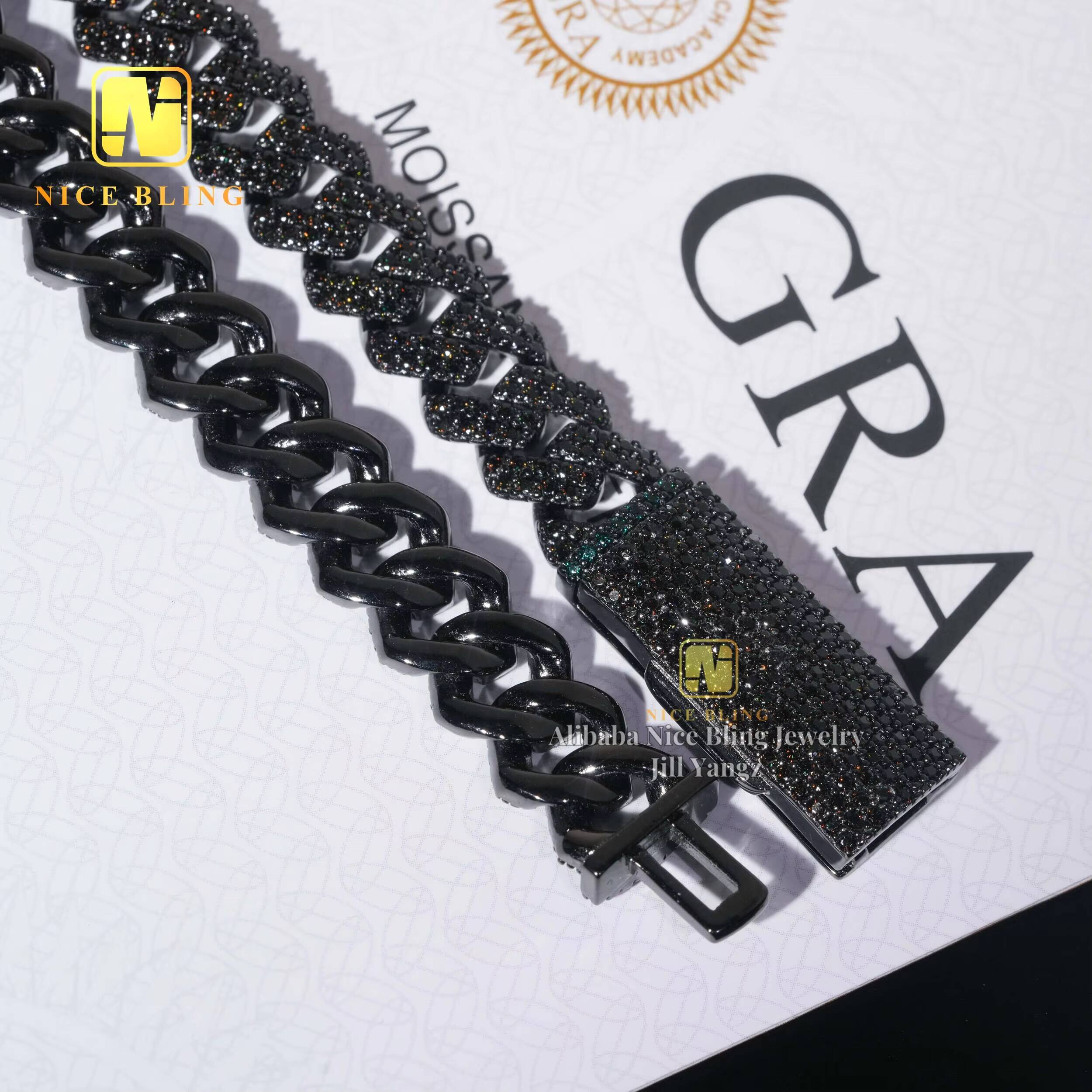 Trending Products 2025 Black Moissanite Cuban Chain 10mm 925 Silver Necklace Iced Out Cuban Link Chain Black Rhodium Plated