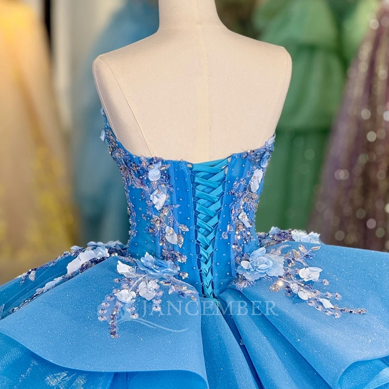 Blue Shiny Ball Gown Quinceanera Dresses Off The Shoulder Sequin Applique Flower Beads Tull Party Birthday Sweet 16 Dress Vestidos 15 anos