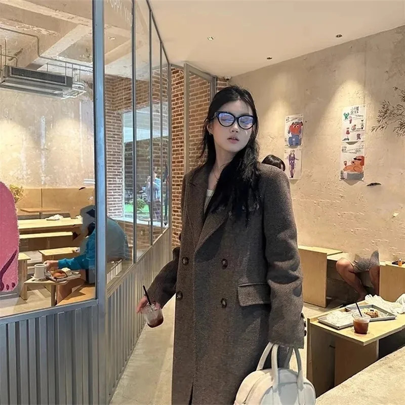 Fashion 100 Wool Long Coat For Women Oversize Woolen Double Button Lapel Overcoat Autumn Lady High Street Outerwear 251028