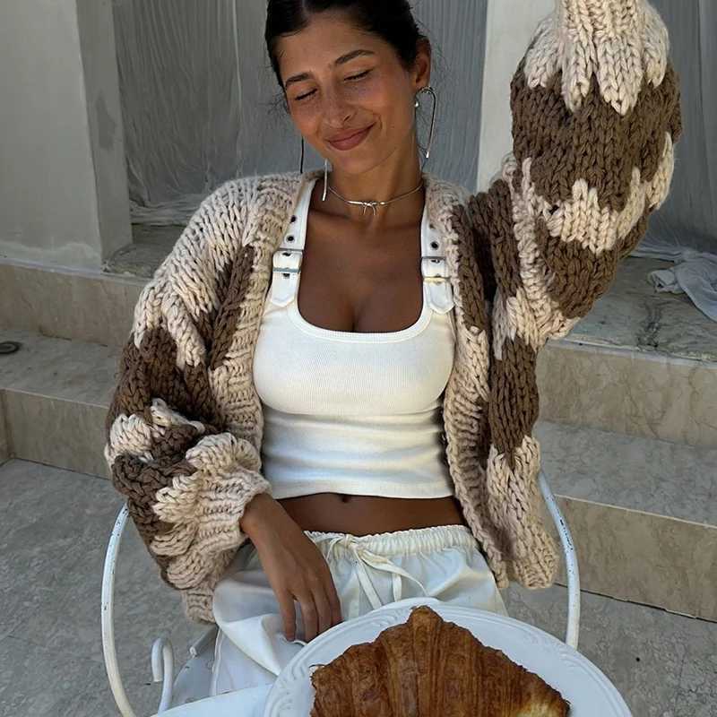 Stripe Pattern Cropped Cardigans Vintage Lantern Sleeves Knitted Sweater Aesthetic Y2k Knitwear Coat Women Autumn Outwear StreetT251028