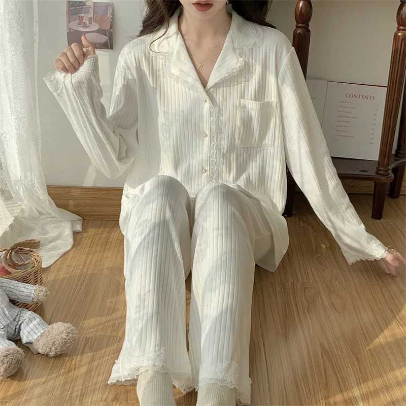 High Quality Korean White Pajamas For Women Sweet Lace Cotton Sleepwear Set Long Sleeve Autumn Winter Home Wear Pijamas SuitT251029