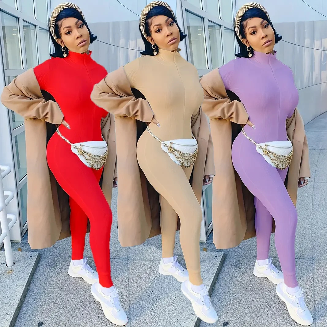 Fashion Workout Active Wear Ribbed Rompers Womens Jumpsuit Long Sleeve Fitness Embroidery Lucky Label Letter Zipper Jumpsuits 251029