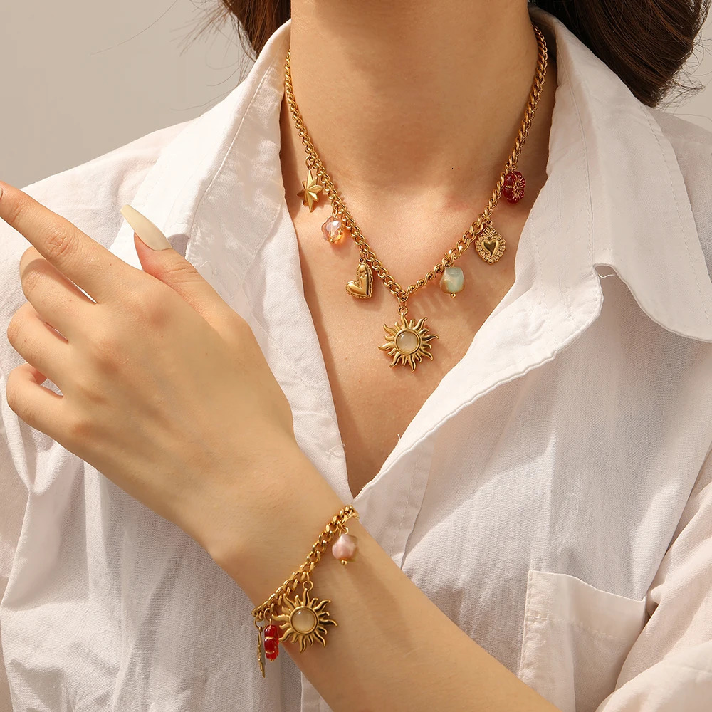 DIEYURO 316L Stainless Steel Sunflower Heart Star Crystal Pendant Necklace Bracelet Set Lady Fashion Jewelry Glamorous 251024