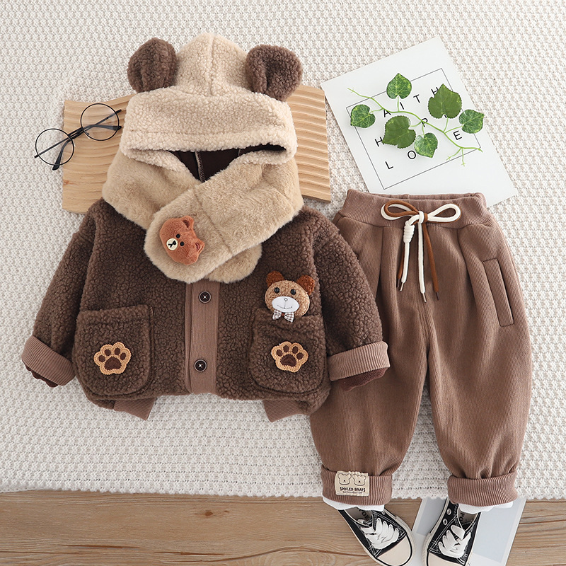 Free Shipping 2025 New Winter Clothes for Babies, Fleece Lined Bear Hooded Set with Scarf, Warm Jacket Pants for Outdoor Daily Wear
