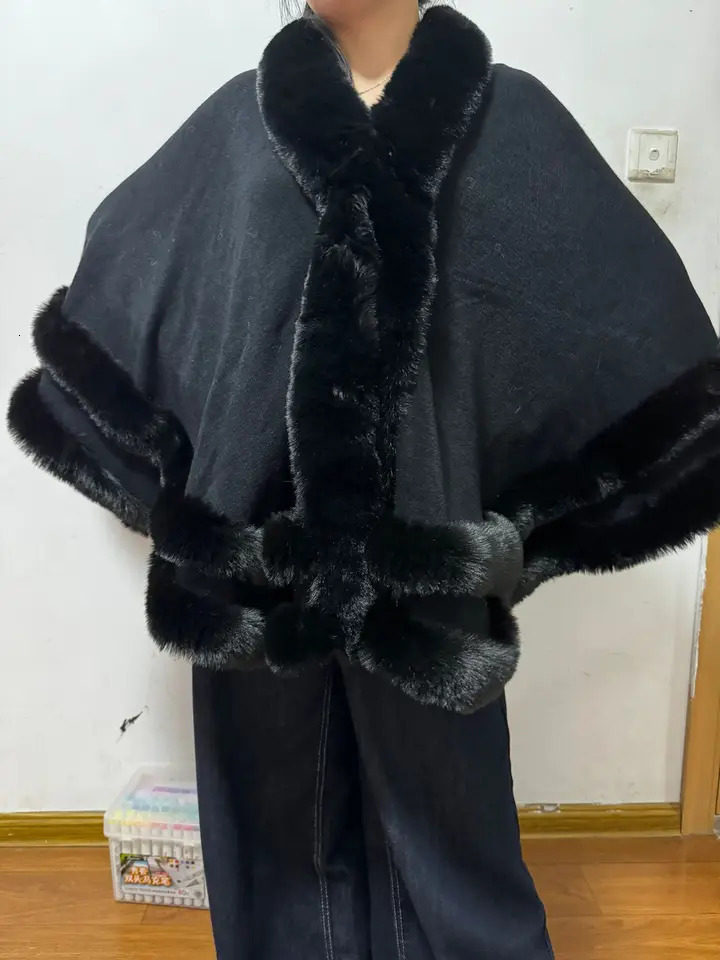 Women 2 Circle Wraps Long Faux Rabbit Fur Cape Poncho Winter Loose Thick Warm Shawl Outerwear Knitted Cloak Overcoat 251029