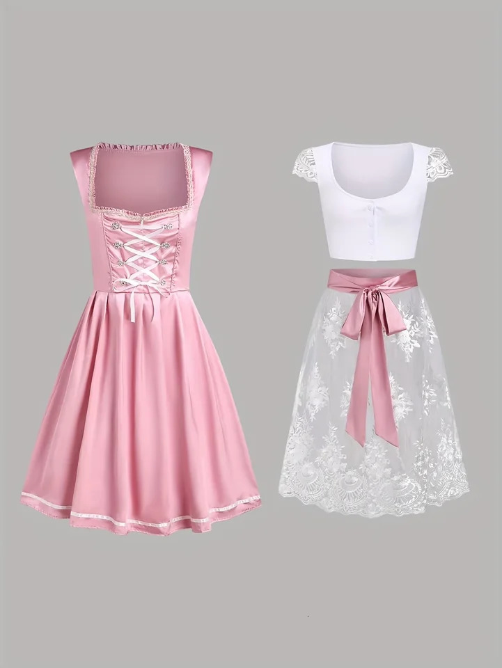 European and American fashion womens Oktoberfest clothing set with lace flowers casual top midi dress 3piece 251016