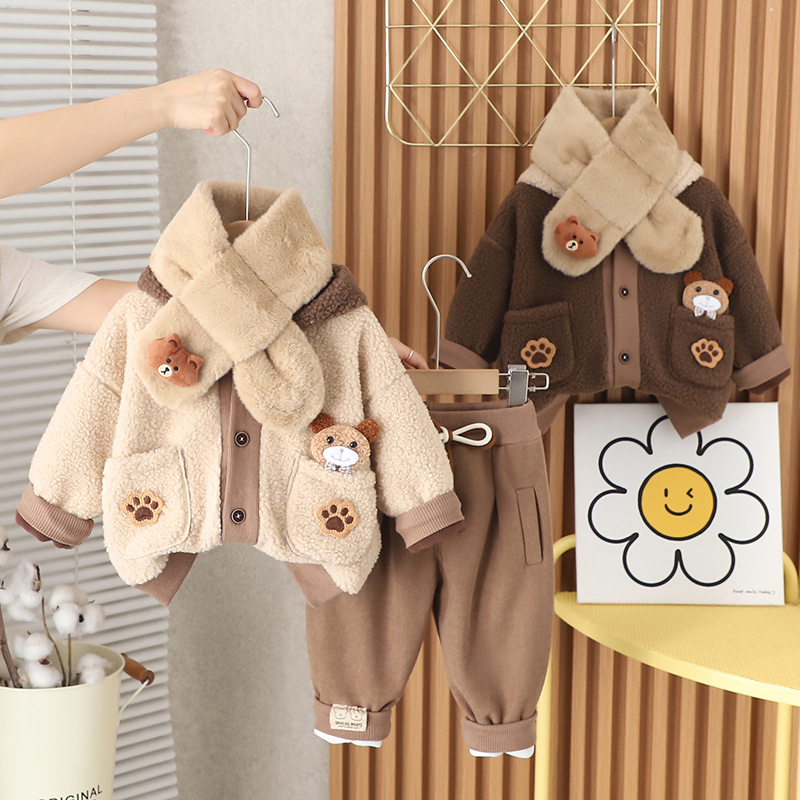 Free Shipping 2025 New Winter Clothes for Babies, Fleece Lined Bear Hooded Set with Scarf, Warm Jacket Pants for Outdoor Daily Wear