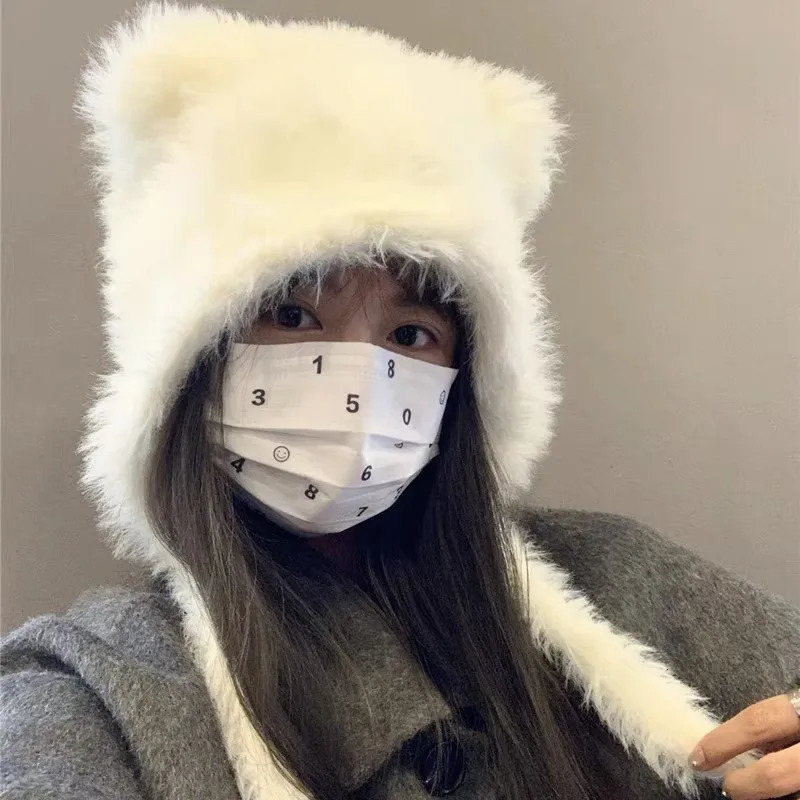 Autumn and Winter Soft Plush Cute Cat Ears Sweet Pullover Womens Hats Korean Casual Shopping Ear Protection Strap Beanies Cap 251029