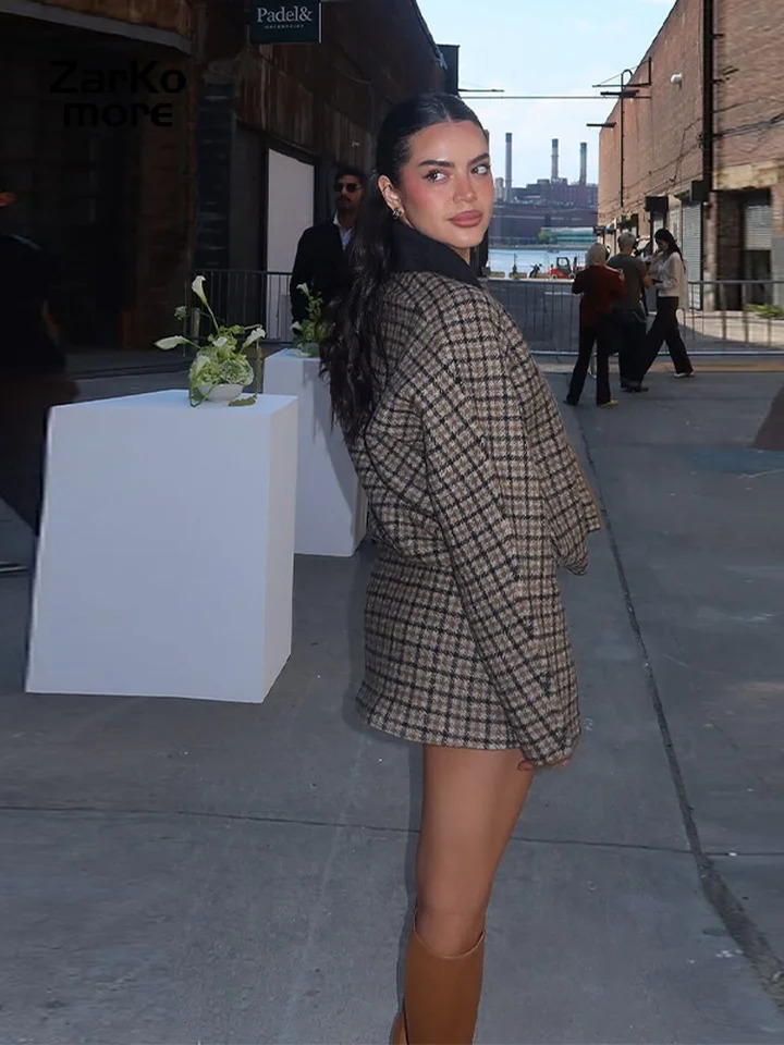 Fashion Contrast Plaid Jacket Skirt Set Women Lapel Single Breast Top Straight Mini Skirt Autumn Winter Lady Chic Suit 251029