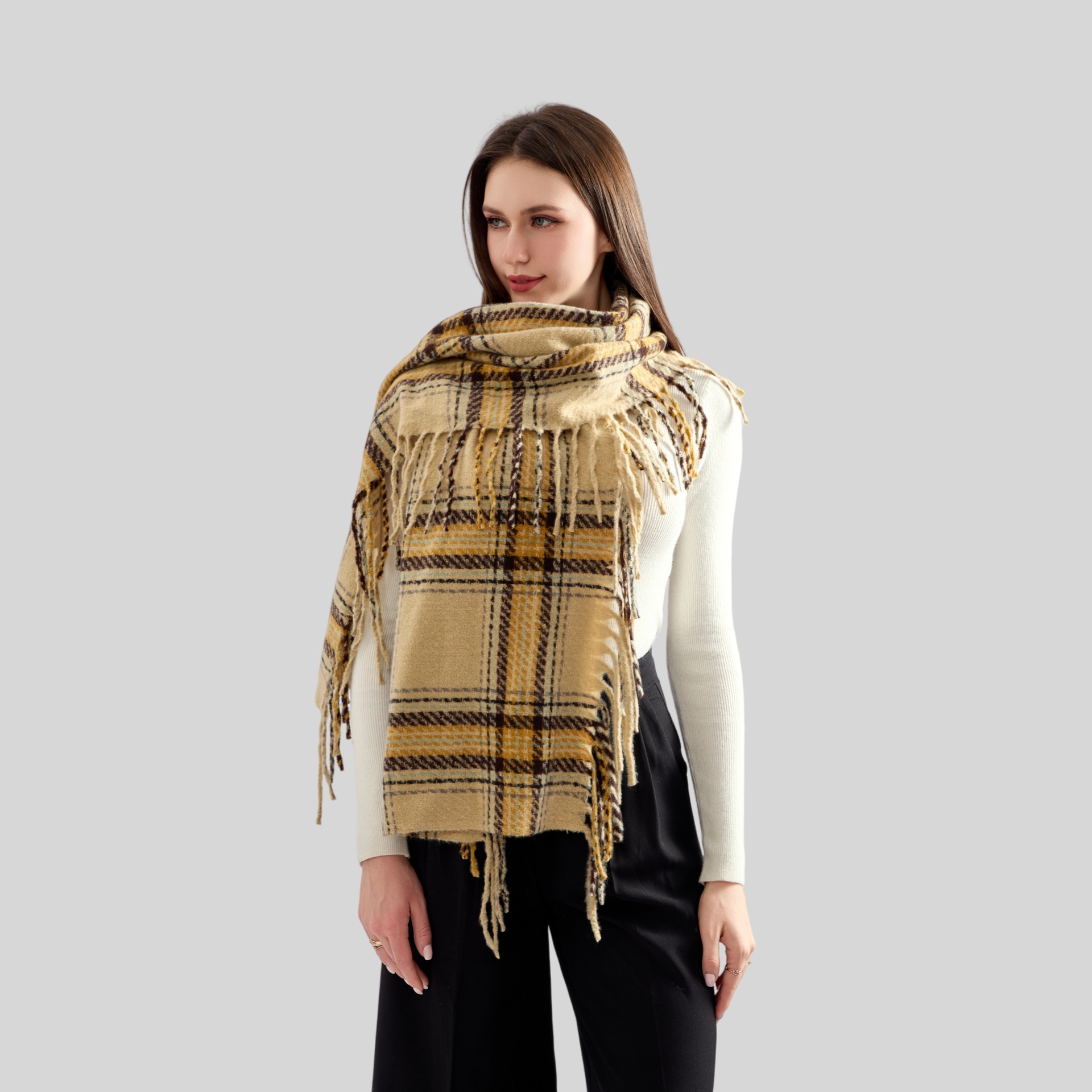 New Plaid Circle Scarf Female Imitation Cashwool Atmosphere Feeling All Kinds Of Tassel Scarf Casual Scarf 2025