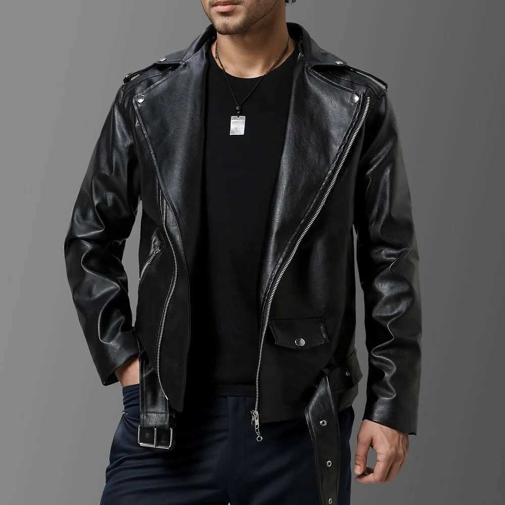 Autumn and winter new mens highquality slim fit lapel sloping leather jacket British fashion motorcycle suit leather jacketT251029