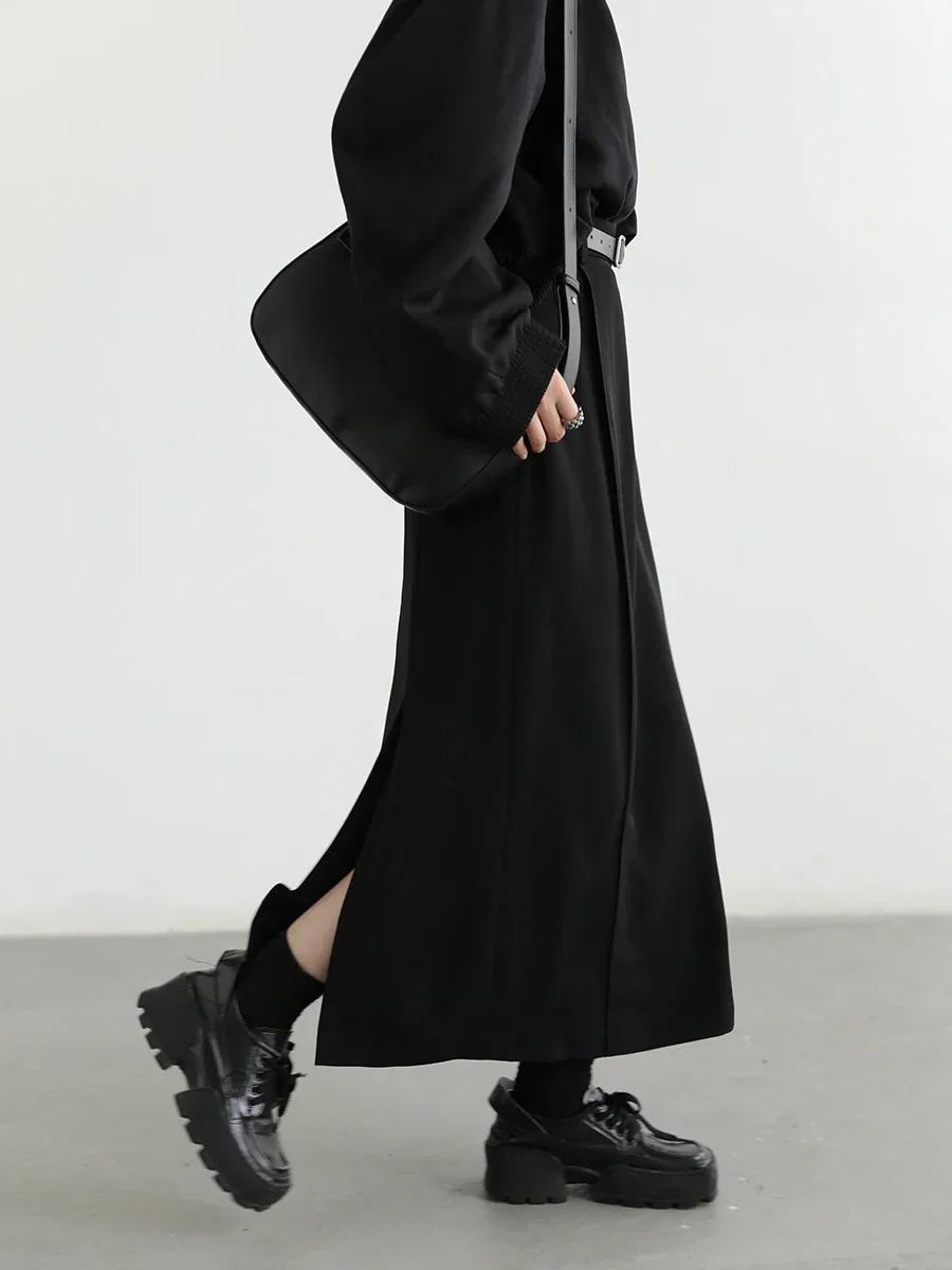 CHIC VEN Womens Skirts Loose High Waist Pleated Straight Tube Skirt Slit Black Female Clothes Office Lady Autumn Winter 2024 251028