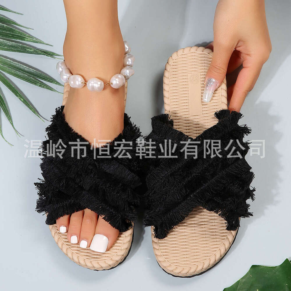 Women's Summer New Bohemian Designer Shoe Comfortable EVA Flat Slippers Lightweight Waterproof Vacation Cross Tassel Beach Sandals