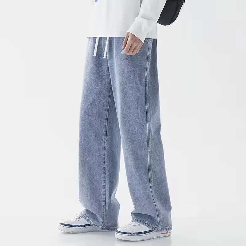 Korean Solid Colors Mens Casual Long Jeans Classic male Four Seasons Straight Denim Wideleg Pants Light Blue Grey Black S3XL 251029