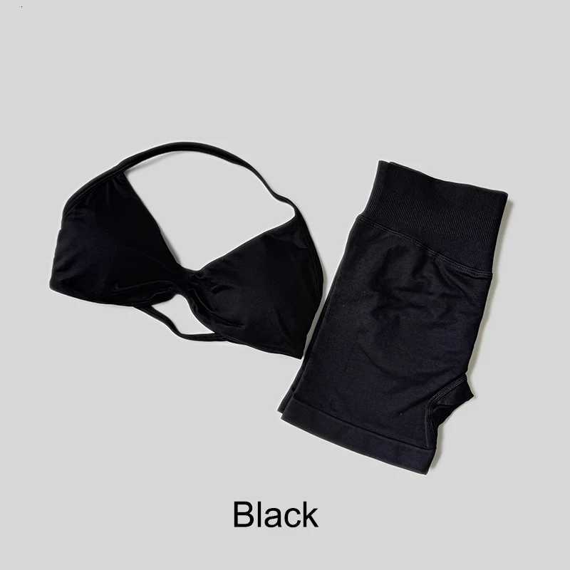 Yoga Set Fitness Gym Women Solid High Waist Peach Short Legging Halter Neck Sport Bra Athletic Gym SuitXJ251029