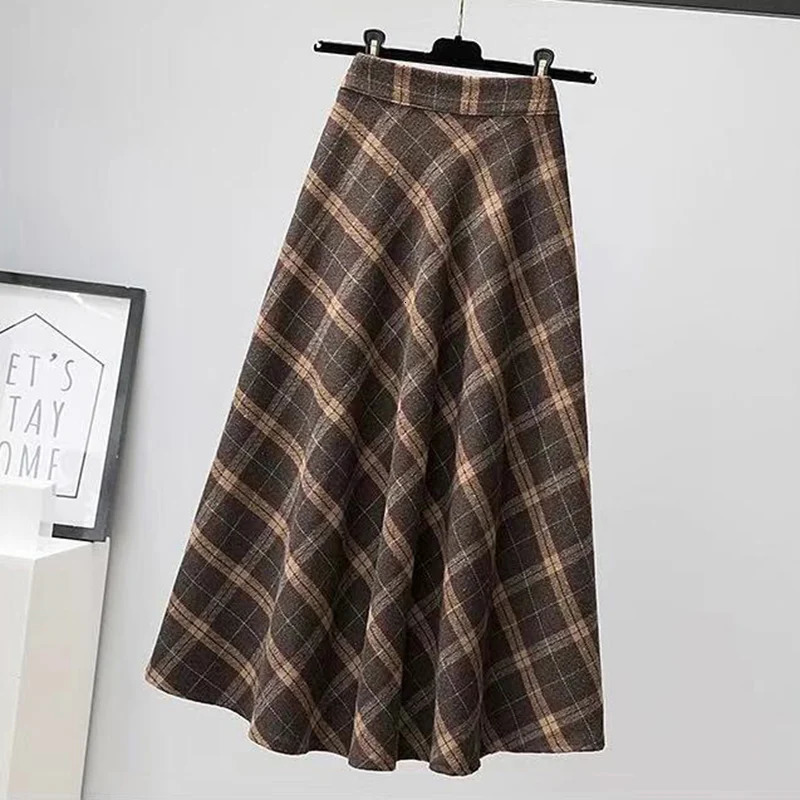 Rimocy Autumn Winter Woolen Skirt Women Korean Style Thick High Waist Long Skirt Woman A Line Pleated Plaid Skirt Female 251028