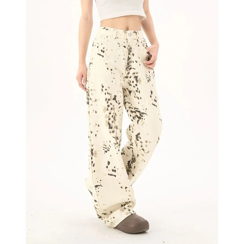 Female Chic Apricot Leopard Print Jeans s Casual Fashion High Waist Pants Women Vintage Straight Leg Denim Trousers 251029