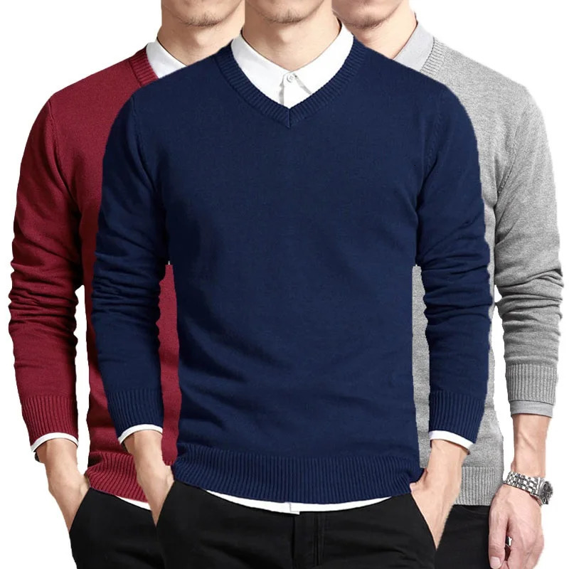 Cotton Sweater Men Long Sleeve Pullovers Outwear Man V Neck Male Sweaters Fashion Loose Fit Knitting Clothing Korean Style 251029