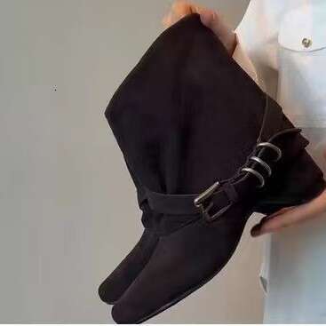 Height Increase Soft Cool Style Slimming Melad Western Boots Women with Belt Buckle Inner Suede Leather Boot for Autumn Designer Shoe and Winter