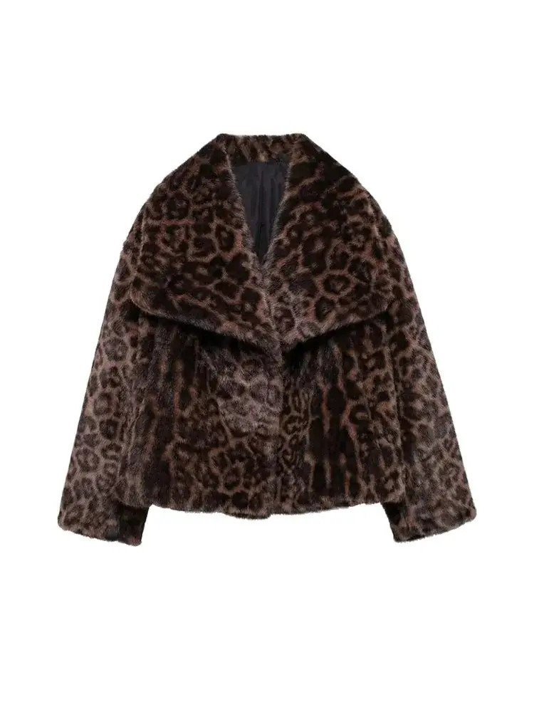 Womens Thick Warm Leopard Faux Fur Jacket Lapel Collar Coat Long Sleeve Female Outerwear Chic Tops Fashion 251029