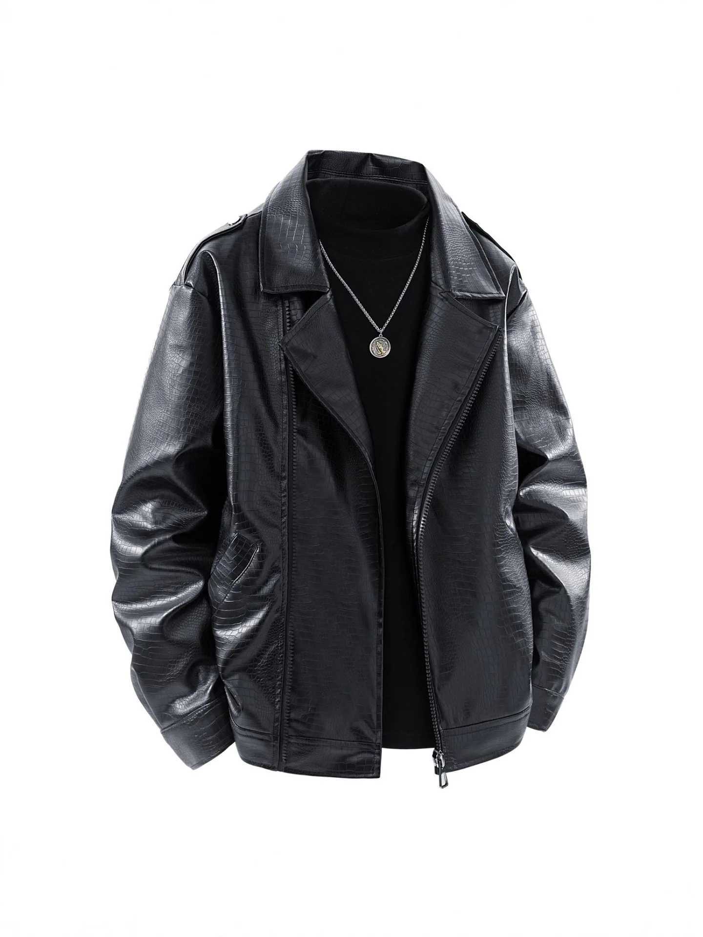 Autumn Man Leather Jacket New High Street Motorcycle Punk Male Outerwear Turn Down Collar Long Sleeve Zipper Loose Men CoatT251029