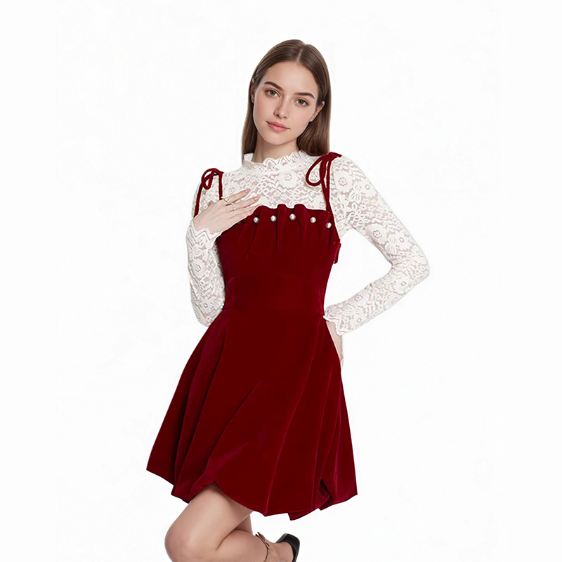 Prom Dresses Women's Burgundy Velvet Suspender Dress with Lace Top, Pearl Detail Mini Party Dress, Vintage-Inspired Cocktail & Holiday Wear YJY00