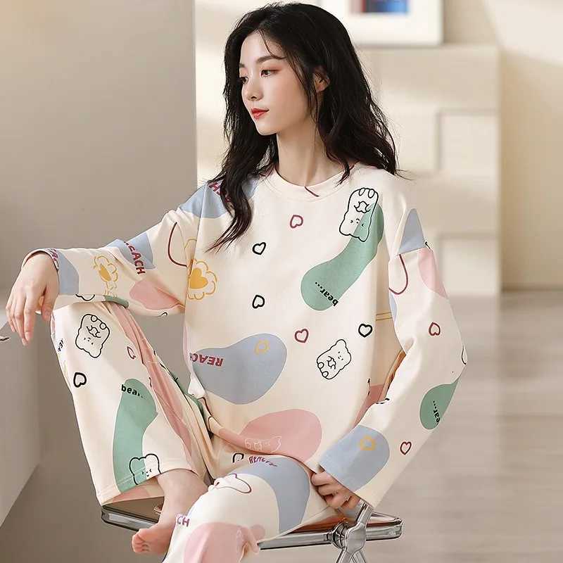 Fall and Winter Womens Nightwear Plus Size Cartoon Bear Student Pajamas Homewear Ladies Long Sleeves Plaid Pants SleepwearT251029