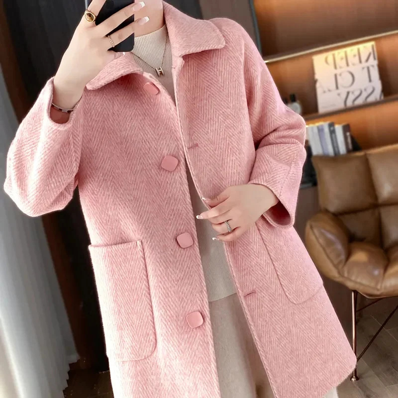 Autumn Winter Doll collar Doublesided Wool Coat Womens Fashion Medium length Slim Woolen Coats Female Single breasted 251028