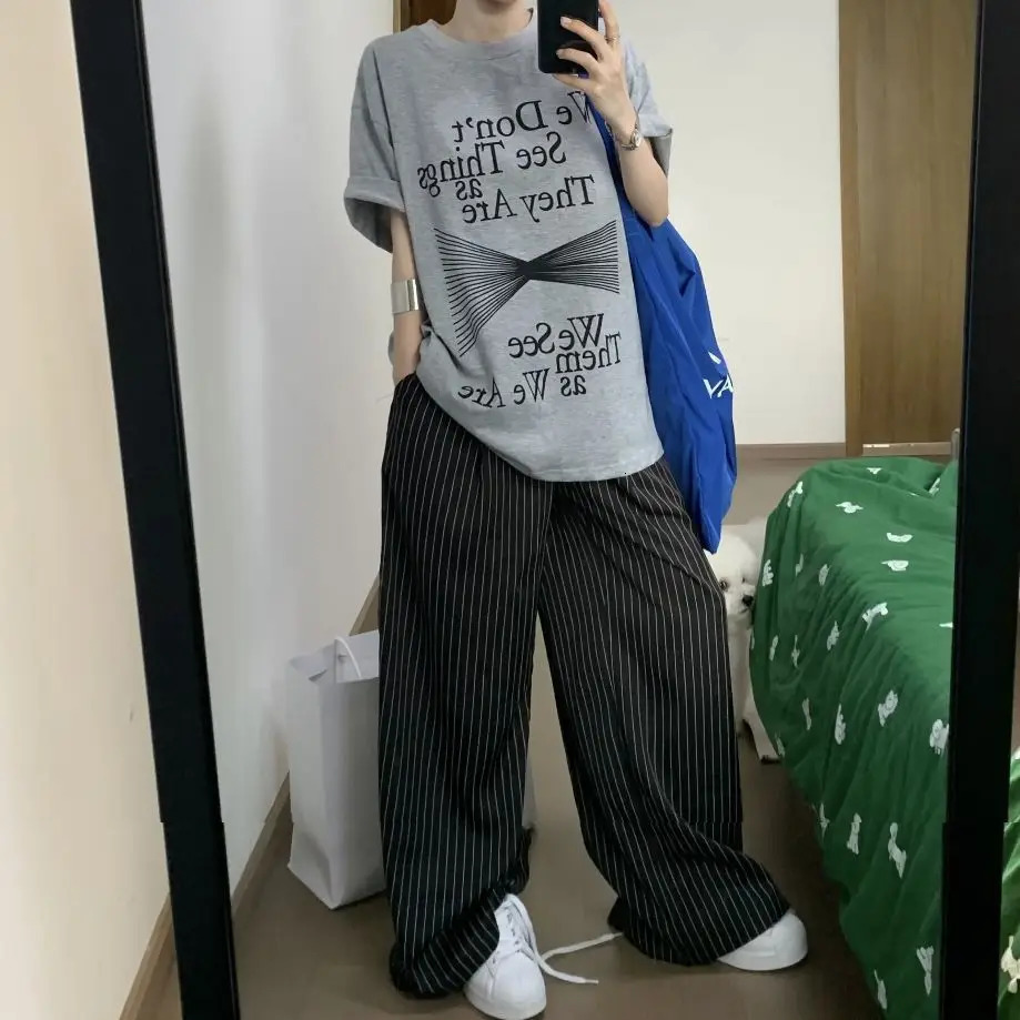 Spring Casual Striped Print High Waist Wide Leg Patchwork Pants Womens Baggy Fashion Loose Fit Soft Full Length Trousers 251029