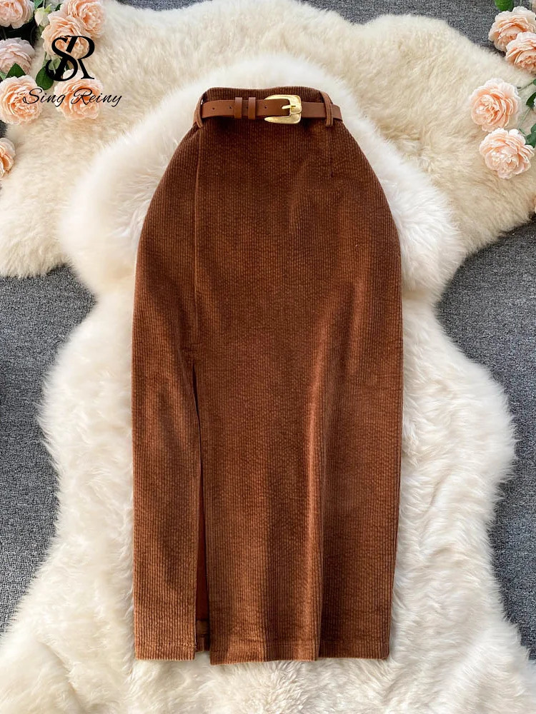 SINGREINY Women Korean Split Sexy Long Skirt 2024 Winter Corduroy Slim Thick Streetwear Fashion Vintage Autumn Bodycon Skirt 251028