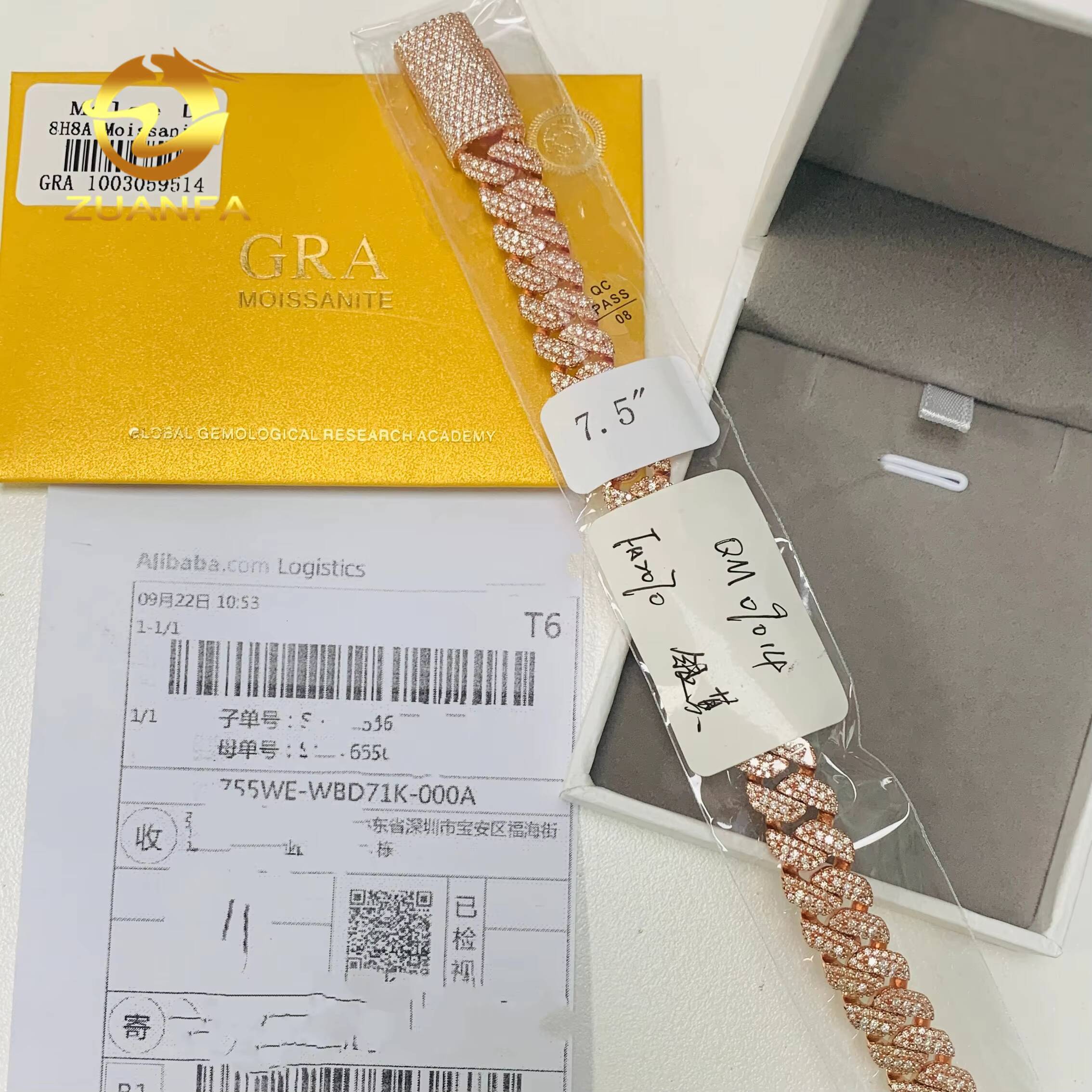 Real Gold Plated 10mm Moissanite Chain Cuban Links Prong Chain Pass Diamond Tester 925 Silver Cuban Link Chain Necklace