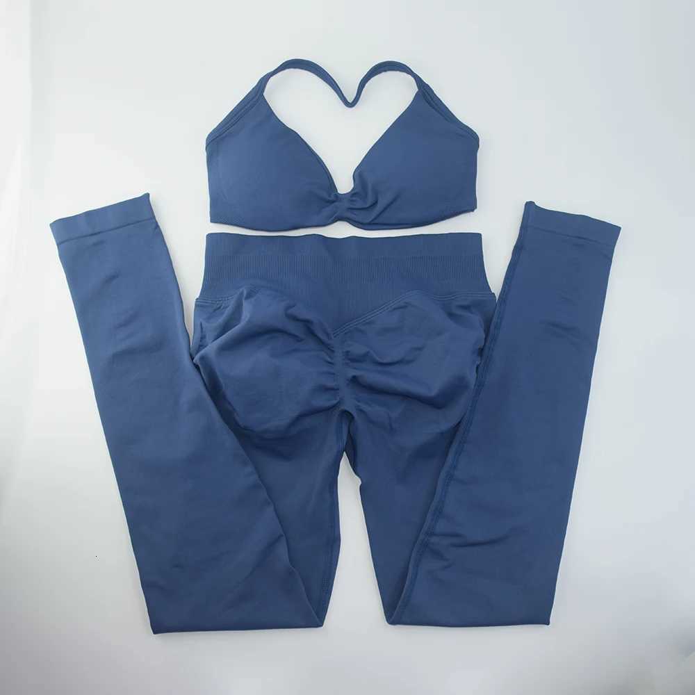 2PCS Strappy Bra SET Gym Top Thin Strap Seamless Scrunch Workout Yoga Women High Support Halter Sports Bras NoXJ251029