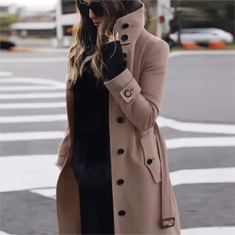 Autumn Winter Woolen Coat Womens Slim Fit Cardigan Large Coat Women Long Sleeve Single Breasted Stand Collar Trench coats 251029