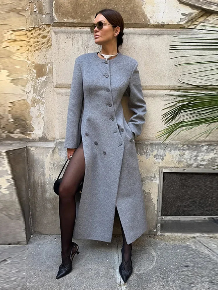 Womens Long Grey Woollen Coat Oneck Full Sleeve Asymmetric Button n Elegant Silhouette Warm Outerwear Autumn 251028
