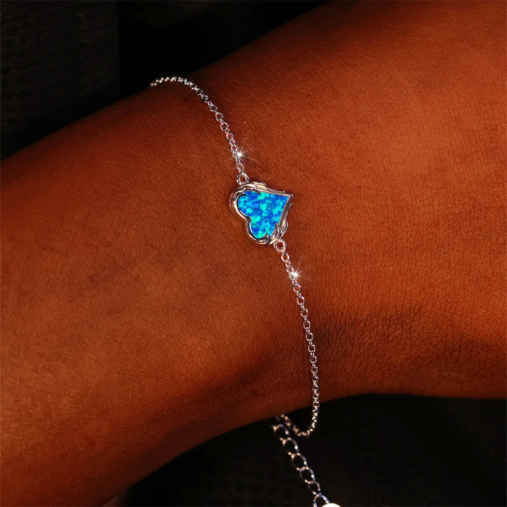 Romantic Love Heart Stone White Blue Fire Opal Chain Bracelets For Women Real 925 Sterling Silver Wedding Jewelry Valentine Gift 251024
