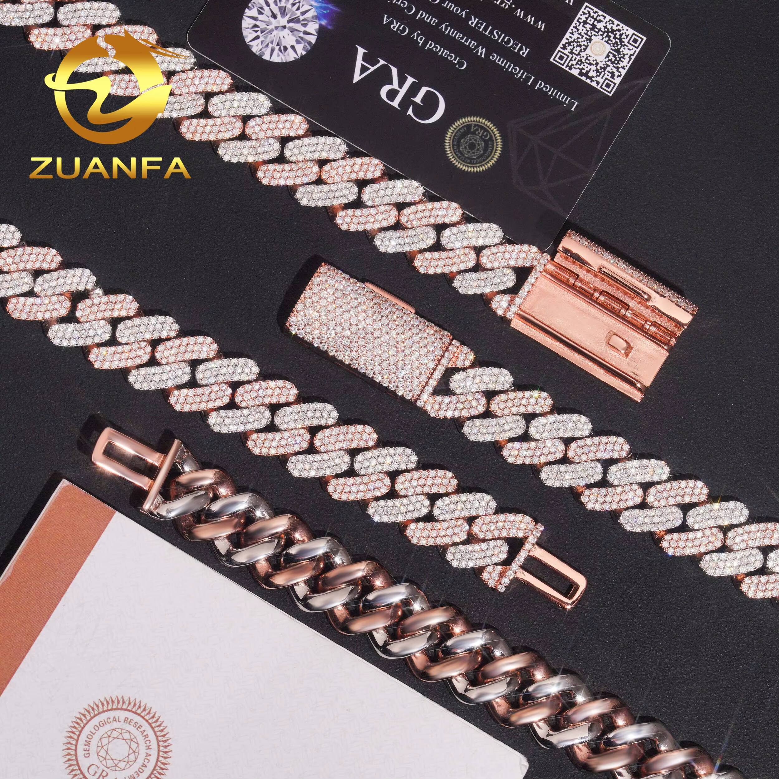 Pass Diamond Tester Iced Out Moissanite Hip Hop 16mm 3 Rows Two Tone Rose Gold 925 Sterling Silver Cuban Link Chain