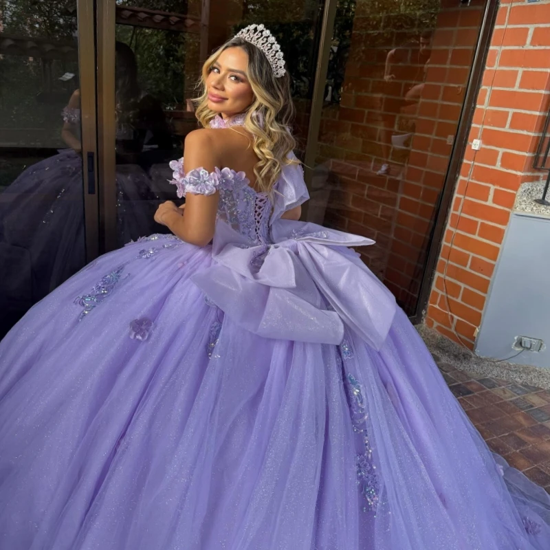 Lavender Shiny Ball Gown Quinceanera Dresses Off The Shoulder Applique Flower Beads Bow Tull Party Birthday Sweet 16 Dress Vestidos 15 anos