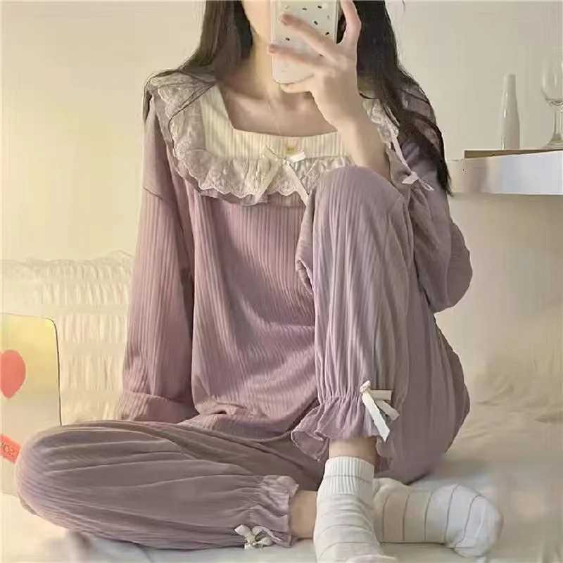 Spring and Autumn New Womens Pajamas Homewear Set of Girls Pajamas Spring and Autumn Lace Pit Stripes Student Pajamas HomewearT251029