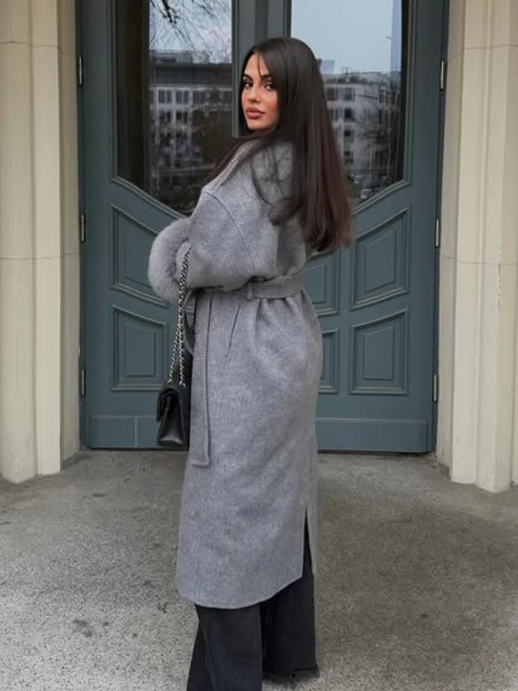 Elegant Faux Fur Sleeve Women Woolen Jacket With Belt Fashion Office Lady Outerwear Winter Lace Up Long Coats High Street 251028