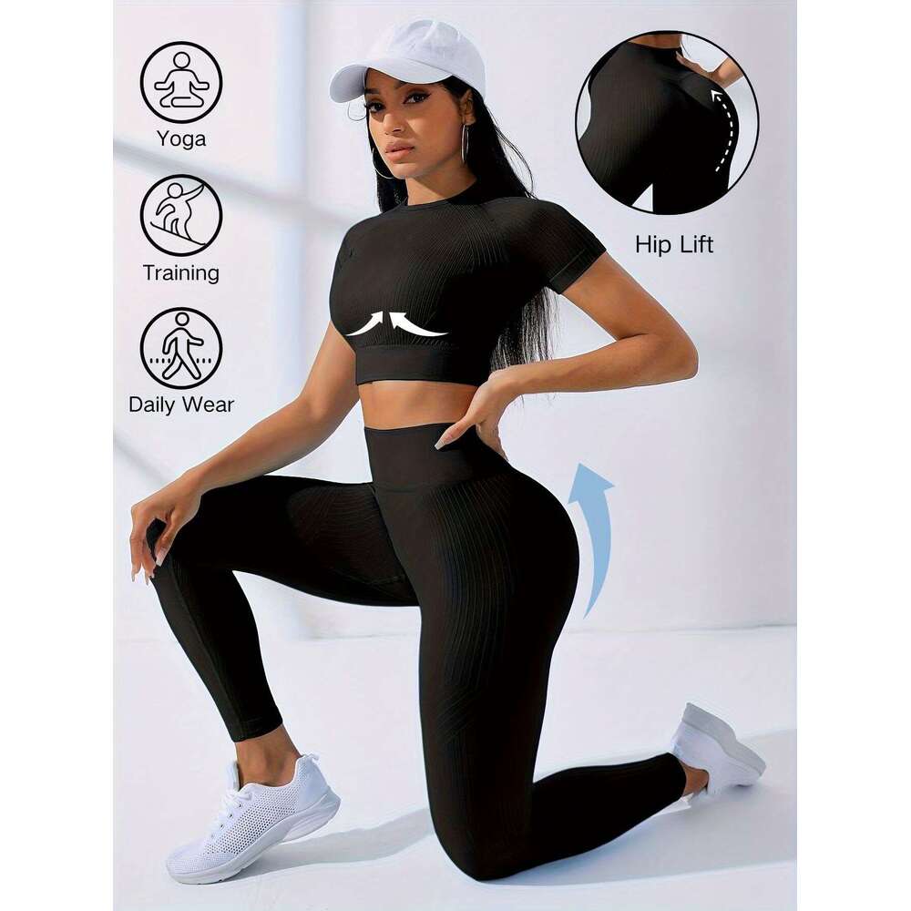 Two-Piece Outdoor Sports Suit - Short Sleeve Navel Top High Waist Solid Color Running Tights, Women's Workout Sets for Yoga and Dail Wear with Me