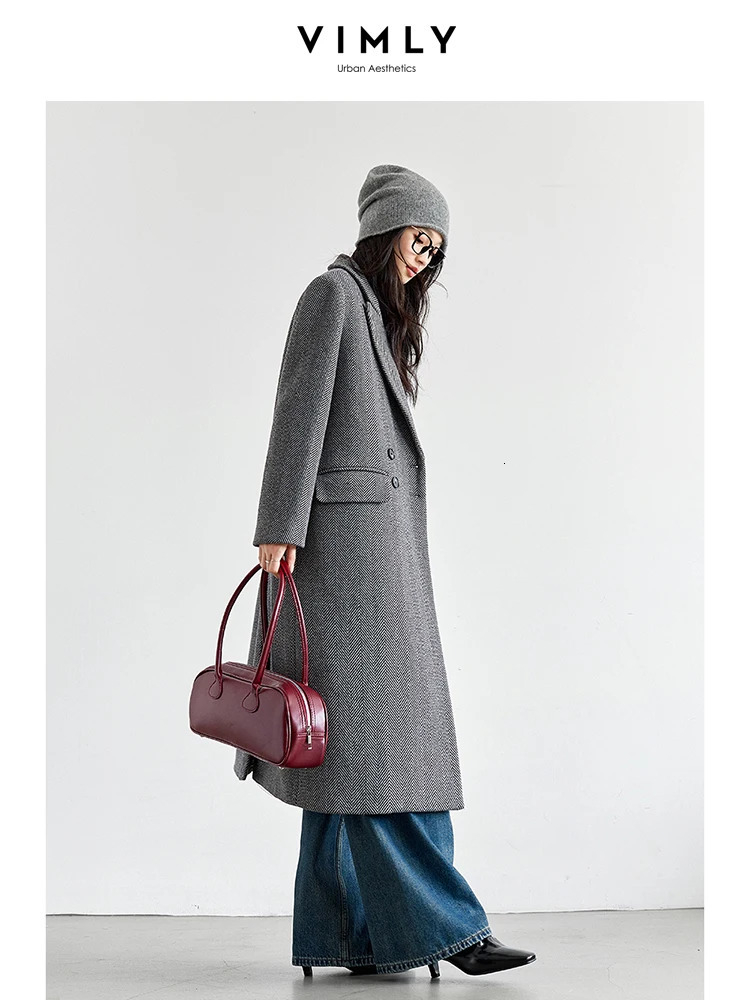 VIMLY Women Elegant Wool Blend Long Blazer Coat FallWinter Thick Warm Simple Double Breasted Overcoat Office Lady Outerwears 251028